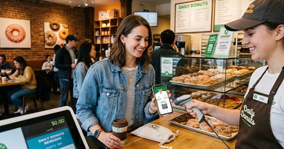 loyal customer using rewards app at donut shop