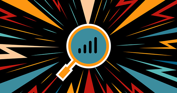 magnifying glass looking at bar chart surrounded by lightning shapes
